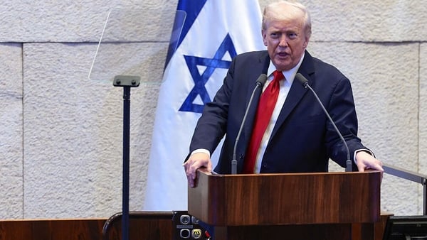 President Donald Trump addresses the Knesset, Israel's parliament, on October 13, 2025 in Jerusalem