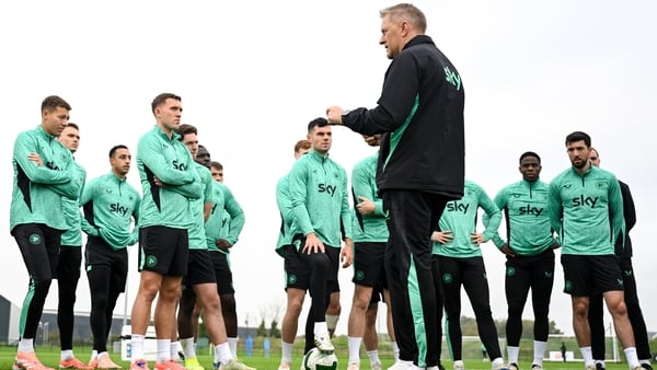 Head coach Heimir Hallgrimsson speaks to his players during a Republic of Ireland training session at the FAI National Training Centre in Abbotstown, Dublin.