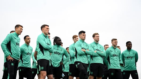 Players listen to head coach Heimir Hallgrimsson, not pictured, during a Republic of Ireland training session at the FAI National Training Centre in Abbotstown, Dublin.