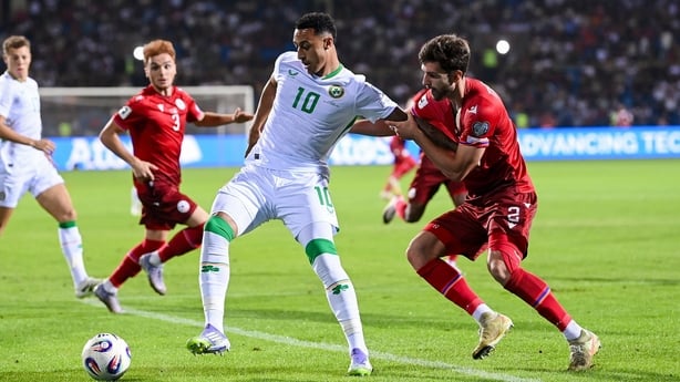 9 September 2025; Adam Idah of Republic of Ireland in action against Sergei Muradian of Armenia during the FIFA World Cup 2026 Group F qualifying match between Armenia and Republic of Ireland at Vazgen Sargsyan Republican Stadium in Yerevan, Armenia. Photo by Stephen McCarthy/Sportsfile