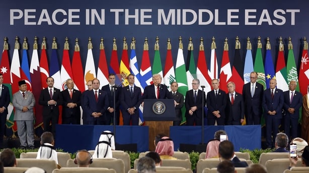 US President Donald Trump delivers a statement during a summit on Gaza in Sharm el-Sheikh