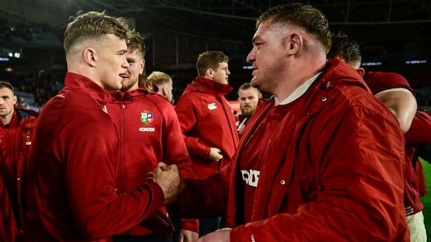 SYDNEY , AUSTRALIA - 2 August 2025; British & Irish Lions players Josh van der Flier, left, and Tadhg Furlong after the third test match between Australia and the British & Irish Lions at Accor Stadium in Sydney, Australia. (Photo By Brendan Moran/Sportsfile via Getty Images)