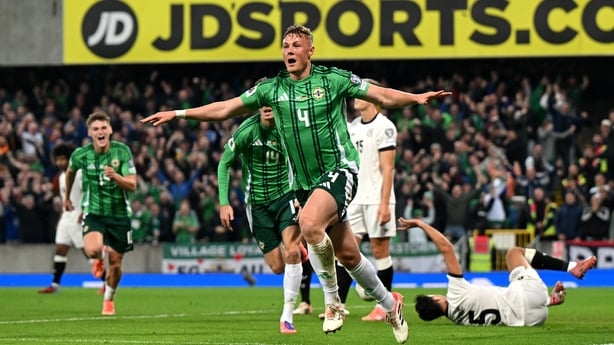 BELFAST, NORTHERN IRELAND - OCTOBER 13: Daniel Ballard of Northern Ireland celebrates scoring a goal which was later ruled out for offside during the FIFA World Cup 2026 qualifier match between Northern Ireland and Germany at Windsor Park on October 13, 2025 in Belfast, Northern Ireland. (Photo by C