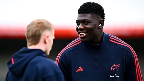 Edwin Edogbo, right, and Ethan Coughlan of Munster before the United Rugby Championship match between Munster and Edinburgh at Virgin Media Park in Cork.