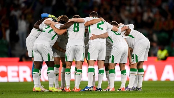 11 October 2025; Republic of Ireland players huddle before the FIFA World Cup 2026 Group F qualifying match between Portugal and Republic of Ireland at Estádio José Alvalade in Lisbon, Portugal. Photo by Stephen McCarthy/Sportsfile