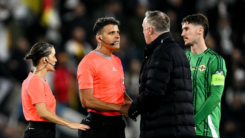 Northern Ireland manager Michael O'Neill remonstrates with referee Jesus Gil Manzano after the defeat at Windsor Park