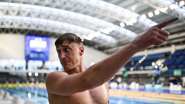Shane Ryan reacts after beating the national record in the 50m Breaststroke during day five of the Irish Open Swimming Championships at the National Aquatic Centre on the Sport Ireland Campus in Dublin.
