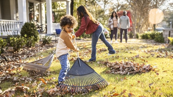Children raking leaves in front yard of home