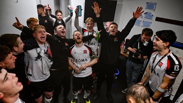 Dundalk players and staff celebrate in the dressing room after the SSE Airtricity Men's First Division match between Dundalk and Finn Harps at Oriel Park in Dundalk, Louth.
