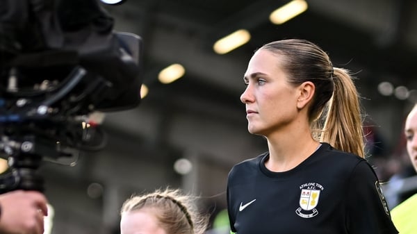 20 October 2024; Athlone Town captain Madison Gibson leads her side out for the Sports Direct Women's FAI Cup Final between Athlone Town and Shelbourne at Tallaght Stadium in Dublin. Photo by Stephen McCarthy/Sportsfile