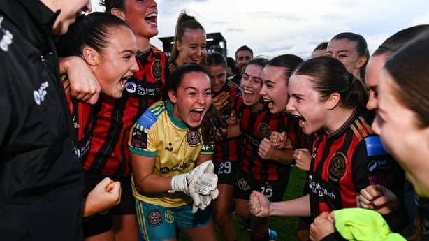 Bohemians goalkeeper and captain Rachael Kelly celebrates with her teammates their side's victory in the Sports Direct Women's FAI Cup semi-final match between Bohemians and Treaty United at Dalymount Park in Dublin.