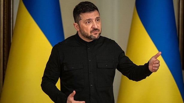President of Ukraine Volodymyr Zelenskyy answers journalists' questions during a briefing on Russian strikes on energy facilities