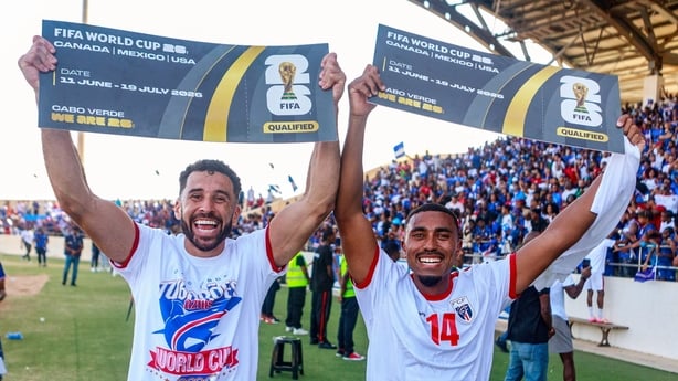 Praia , Cape Verde - 13 October 2025; Roberto Lopes, left, and Deroy Duarte of Cape Verde celebrate their side's qualification for the 2026 FIFA World Cup with supporters after the FIFA World Cup 2026 African qualifying match between Cape Verde and Eswatini at Estádio Nacional de Cabo Verde in Praia