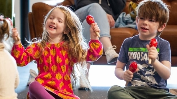Children are playing with musical instruments as part of 'Feel the Beat' at this year's Baboro International Arts Festival in Galway