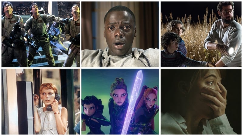 Clockwise from top left: Ghostbusters, Get Out, A Quiet Place, Longlegs, KPop Demon Hunters and Rosemary's Baby