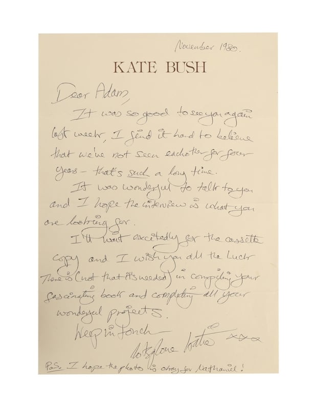 Undated handout photo issued by the Propstore of A letter sent by Kate Bush to dancer and mime artist Adam Darius in 1980 is expected to make between �400 and �800, one of the items for sale in the Music Memorabilia Live Auction on October 23 at The Cumberland Hotel in London. Issue date: Tuesday Oc