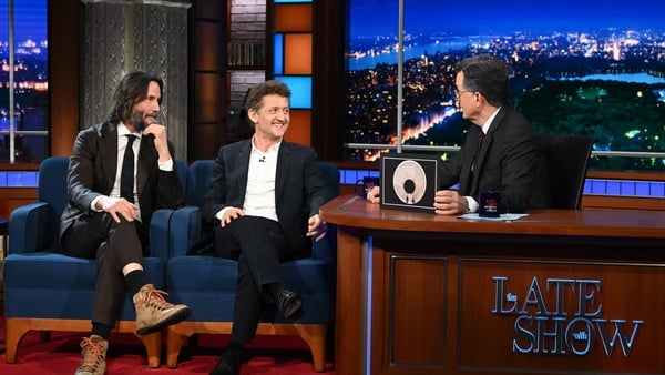 NEW YORK - OCTOBER 13: The Late Show with Stephen Colbert and guests Keanu Reeves and Alex Winter during Monday’s October 13, 2025 show. (Photo by Scott Kowalchyk/CBS via Getty Images)