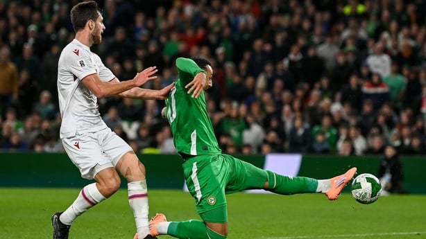 Adam Idah of Republic of Ireland in action against Sergei Muradian of Armenia - World Cup qualifier, October 2025