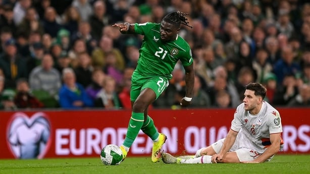 Festy Ebosele of Republic of Ireland in action against Styopa Mkrtchyan of Armenia - World Cup qualifier, October 2025