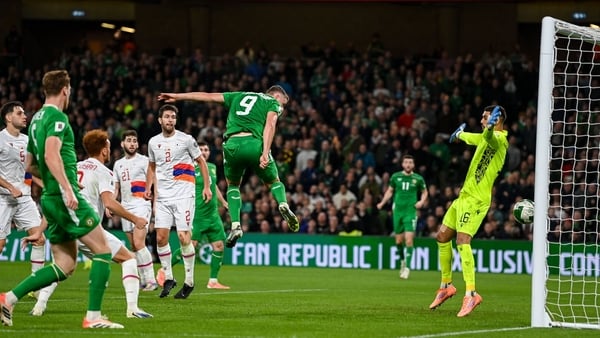 14 October 2025; Evan Ferguson of Republic of Ireland heads to score his side's first goal during the FIFA World Cup 2026 Group F qualifying match between Republic of Ireland and Armenia at the Aviva Stadium in Dublin. Photo by Stephen McCarthy/Sportsfile