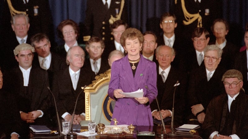 At her inauguration ceremony in Dublin Castle in 1990, Mary Robinson wore a purple two-piece suit designed especially for that historic day. Photo: RTÉ Stills Library