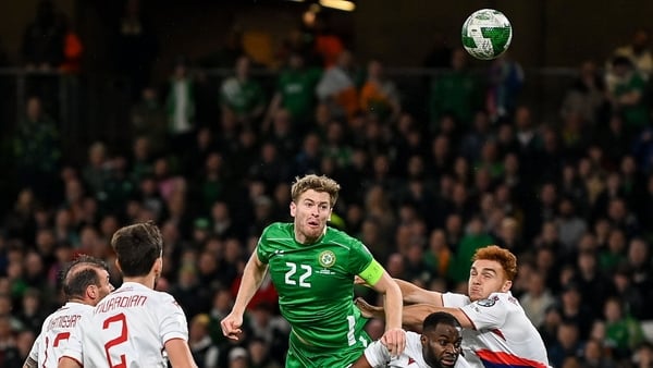 14 October 2025; Nathan Collins of Republic of Ireland heads on goal during the FIFA World Cup 2026 Group F qualifying match between Republic of Ireland and Armenia at the Aviva Stadium in Dublin. Photo by Stephen McCarthy/Sportsfile