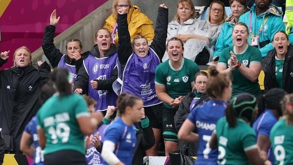 EXETER, ENGLAND - SEPTEMBER 14: Players on the Ireland bench celebrate their team winning a penalty during the Women's Rugby World Cup 2025 Quarter Final match between France and Ireland at Sandy Park on September 14, 2025 in Exeter, England. (Photo by Al