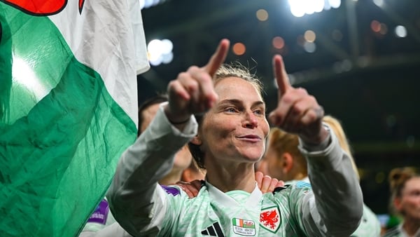 3 December 2024; Jess Fishlock of Wales celebrates after her side's victory in the UEFA Women's EURO 2025 Play-off Round Two second leg match between Republic of Ireland and Wales at the Aviva Stadium in Dublin. Photo by Shauna Clinton/Sportsfile