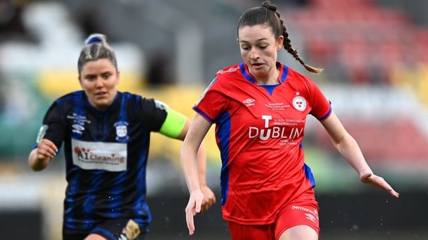 Hannah Healy of Shelbourne in action against Laurie Ryan of Athlone Town during the Sports Direct FAI Women's Cup Final match between Athlone Town and Shelbourne at Tallaght Stadium in Dublin. 