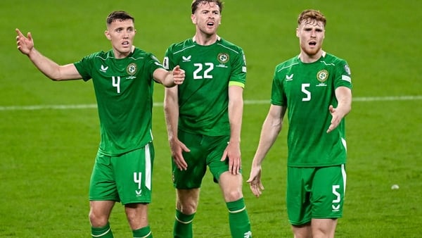 6 September 2025; Republic of Ireland players, from left, Dara O'Shea, Nathan Collins and Jake O'Brien react during the FIFA World Cup 2026 Group F qualifying match between Republic of Ireland and Hungary at the Aviva Stadium in Dublin. Photo by Seb Daly/