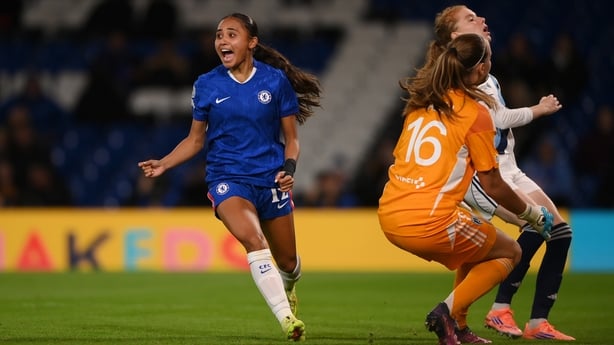 LONDON, ENGLAND - OCTOBER 15: Alyssa Thompson of Chelsea celebrates after scoring her team's third goal during the UEFA Women's Champions League 2025/26 league phase match between Chelsea FC Women and Paris FC at Stamford Bridge on October 15, 2025 in London, England. (Photo by Harriet Lander - Chel