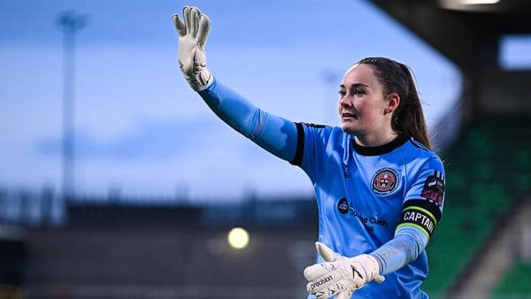 Bohemians goalkeeper Rachael Kelly waves to supporters after the SSE Airtricity Women's Premier Division match between Shamrock Rovers and Bohemians at Tallaght Stadium in Dublin.