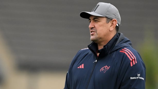 13 October 2025; Mike Haley, left, and head coach Clayton McMillan during a Munster Rugby squad training session at the University of Limerick in Limerick. Photo by Brendan Moran/Sportsfile