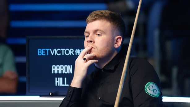 BRENTWOOD, ENGLAND - SEPTEMBER 19: Aaron Hill of Ireland reacts in the Quarterfinal match against Jak Jones of Wales on day 9 of 2025 BetVictor English Open at the Brentwood Leisure Centre on September 19, 2025 in Brentwood, England. (Photo by Tai Chengzhe/VCG via Getty Images)