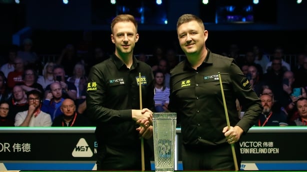 BELFAST, NORTHERN IRELAND - OCTOBER 27: Kyren Wilson (R) of England and Judd Trump of England pose for a photo prior to the Final match on day 8 of 2024 Northern Ireland Open at Waterfront Hall on October 27, 2024 in Belfast, Northern Ireland. (Photo by Tai Chengzhe/VCG via Getty Images)