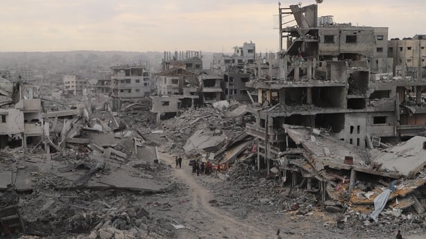 A general view of the heavily damaged and collapsed buildings in the Israeli attacks