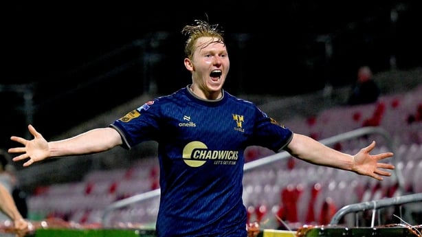 13 October 2025; Jack Henry-Francis of Shelbourne celebrates after scoring his side's second and winning goal during the SSE Airtricity Men's Premier Division match between Cork City and Shelbourne at Turner's Cross in Cork. Photo by Brendan Moran/Sportsfile