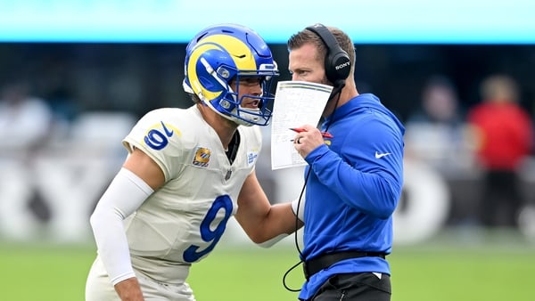 BALTIMORE, MARYLAND - OCTOBER 12: Head coach Sean McVay of the Los Angeles Rams talks with Matthew Stafford #9 during the fourth quarter against the Baltimore Ravens in the game at M&T Bank Stadium on October 12, 2025 in Baltimore, Maryland. (Photo by G F