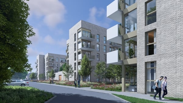 Computer generated image of new apartment blocks with landscaped gardens