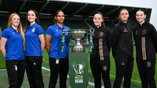 Athlone Town players, from left, Kelly Brady, Kayleigh Shine and Izzy Groves and Bohemians players, from left, Rachael Kelly, Lisa Murphy and Hannah Healy during the Sports Direct Women's Cup Final media day at Tallaght Stadium in Dublin
