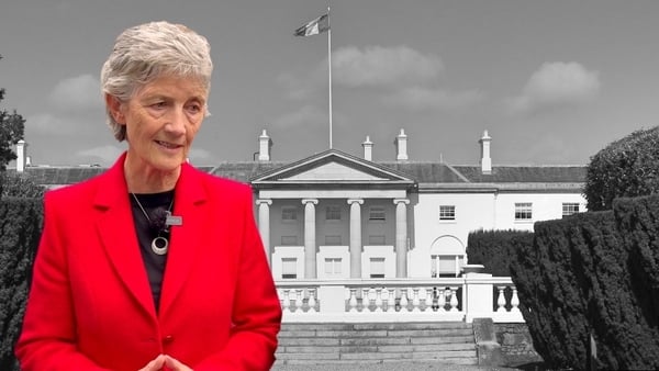 A cut-out of presidential candidate Catherine Connolly is imposed over a black and white image of Áras an Uachtaráin
