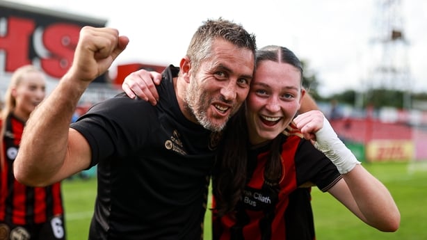 Bohemians manager Alban Hysa celebrates with player Hannah Healy after their side's victory in the All-Island Cup semi-final match between Bohemians and Shelbourne at Dalymount Park in Dublin