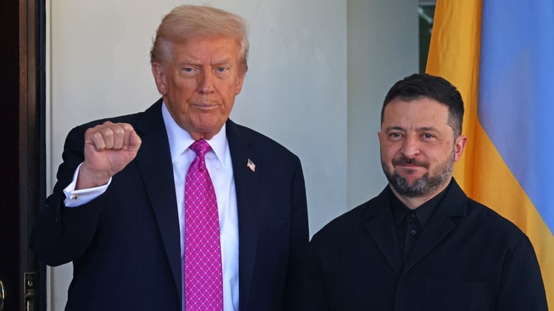 US President Donald Trump greets Ukrainian President Volodymyr Zelensky as he arrives for a meeting at the White House in Washington, DC