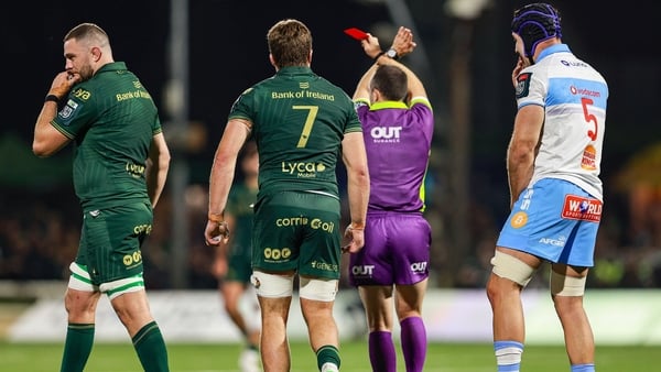 17 October 2025; Josh Murphy of Connacht, left, leaves the pitch after being shown a 20 minute red card by referee Mike Adamson during the United Rugby Championship match between Connacht and Vodacom Bulls at Dexcom Stadium in Galway. Photo by Thomas Flin
