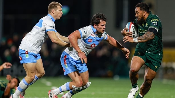 17 October 2025; Bundee Aki of Connacht in action against Jan Serfontein of Vodacom Bulls, centre, during the United Rugby Championship match between Connacht and Vodacom Bulls at Dexcom Stadium in Galway. Photo by Thomas Flinkow/Sportsfile