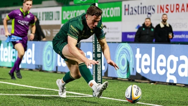 17 October 2025; Sean Naughton of Connacht scores his side's third try during the United Rugby Championship match between Connacht and Vodacom Bulls at Dexcom Stadium in Galway. Photo by Thomas Flinkow/Sportsfile