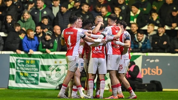 St Patrick's Athletic players after Simon Power, hidden, scored their side's first goal during the SSE Airtricity Men's Premier Division match between St Patrick's Athletic and Shamrock Rovers at Richmond Park in Dublin.