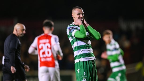Graham Burke of Shamrock Rovers reacts to a missed opportunity on goal during the SSE Airtricity Men's Premier Division match between St Patrick's Athletic and Shamrock Rovers at Richmond Park in Dublin