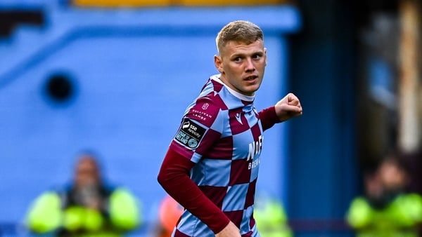 Josh Thomas of Drogheda United celebrates after scoring his side's third goal, a penalty, during the Sports Direct Men’s FAI Cup second round match between Drogheda United and Crumlin United at Sullivan & Lambe Park in Drogheda, Louth.