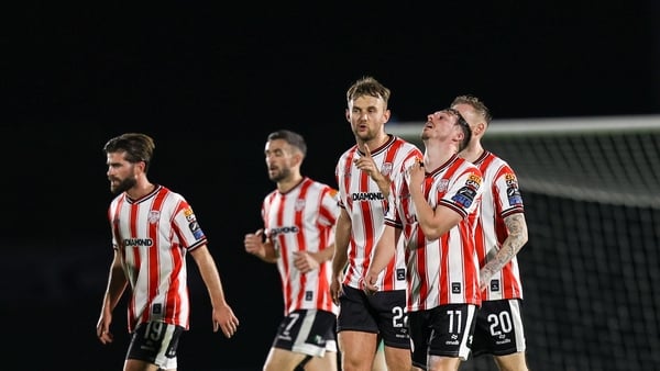 Derry City players celebrate after going 2-1 up against Waterford FC at the RSC - Premier Division, October 2025